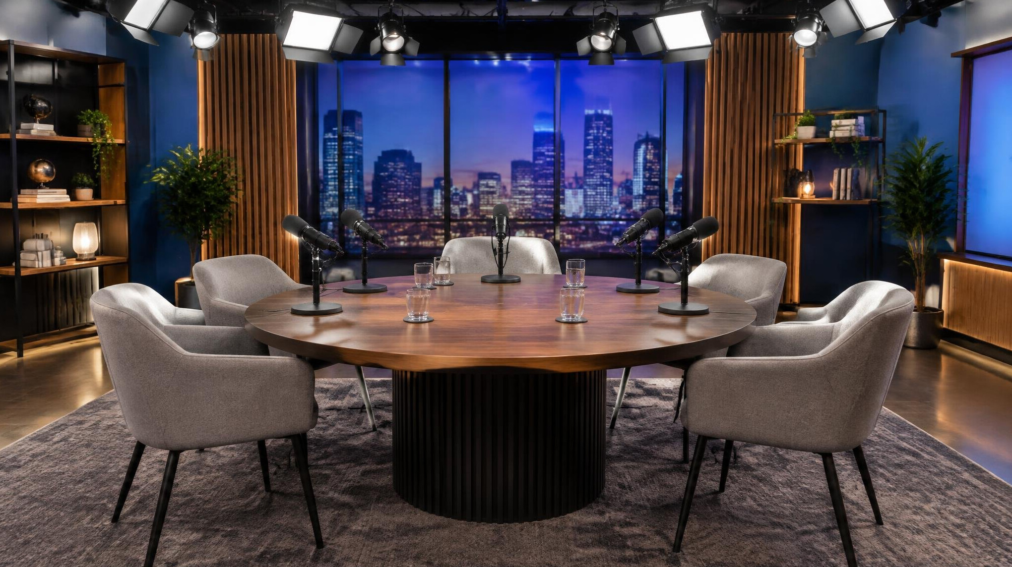 Panel discussion table with microphones set for a talk show