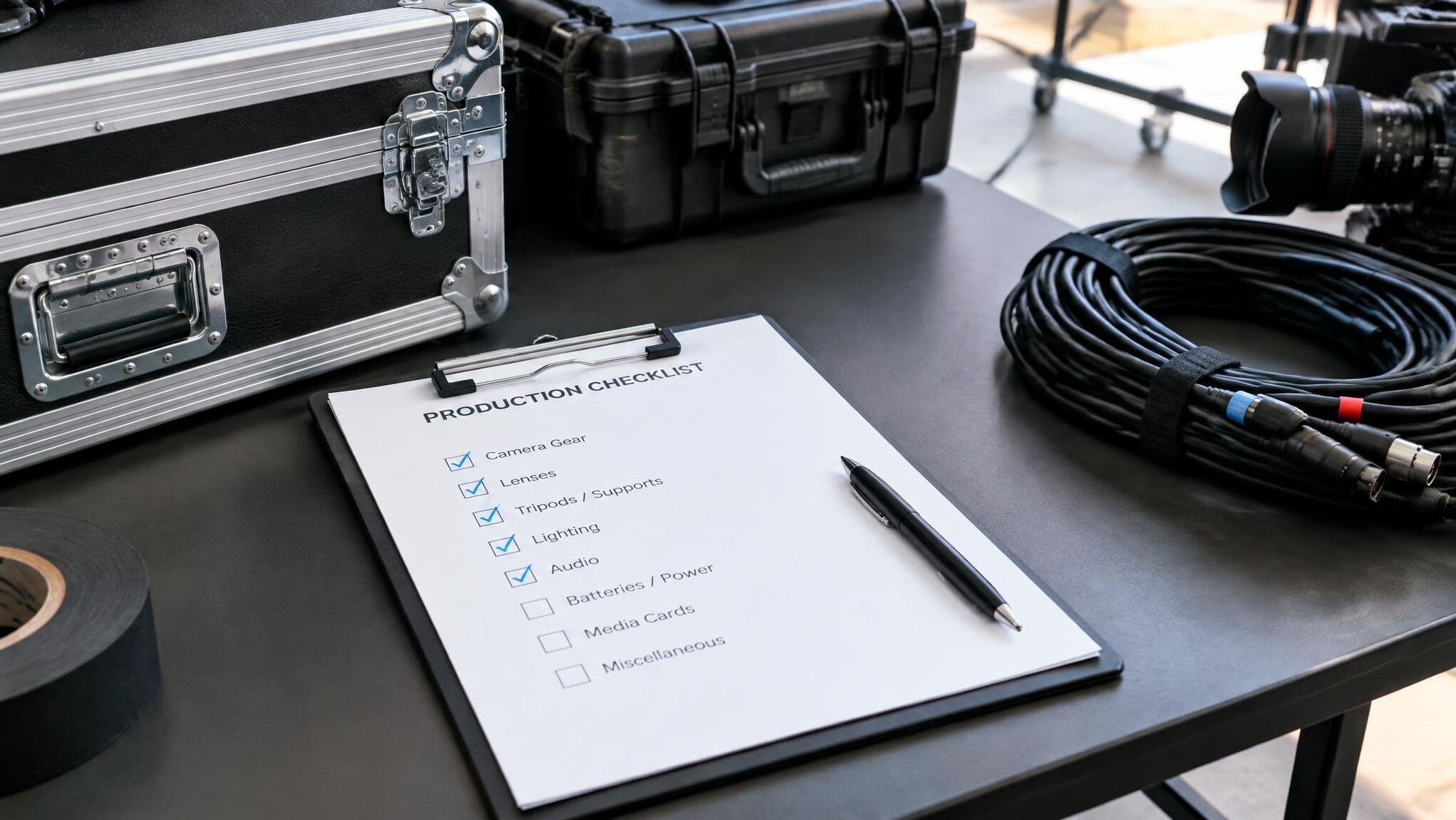 Production checklist clipboard on a studio equipment table