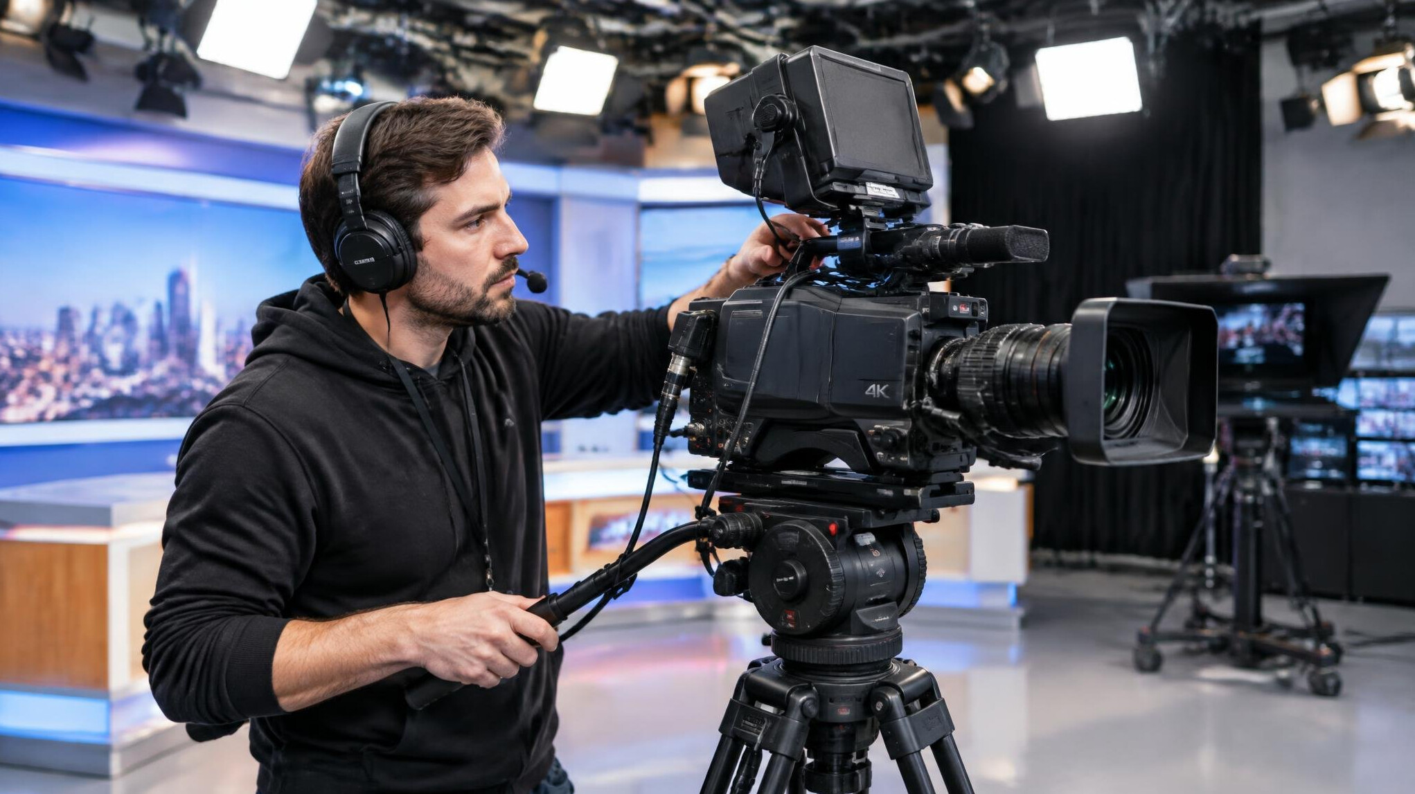 Camera operator framing a shot on a professional video camera