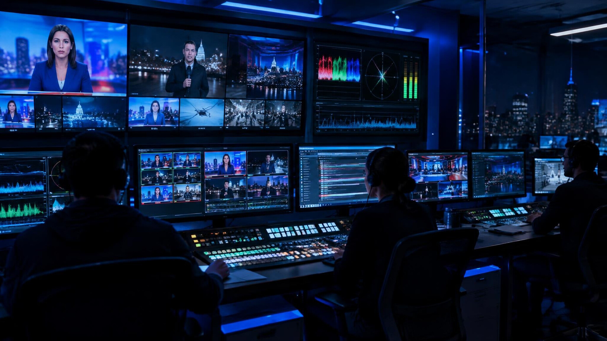 Television broadcast studio control room with multiple monitors